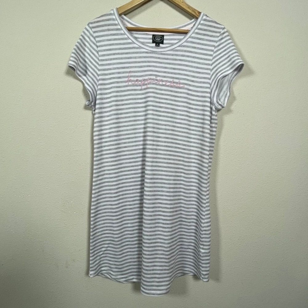 Laura Ashley Nightgown Women XL Grey White Striped Happiness Cozy Short Sleeve